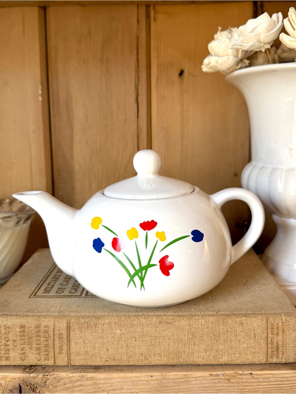 Vintage White Floral Ceramic Teapot with Red, Blue & Yellow Flowers